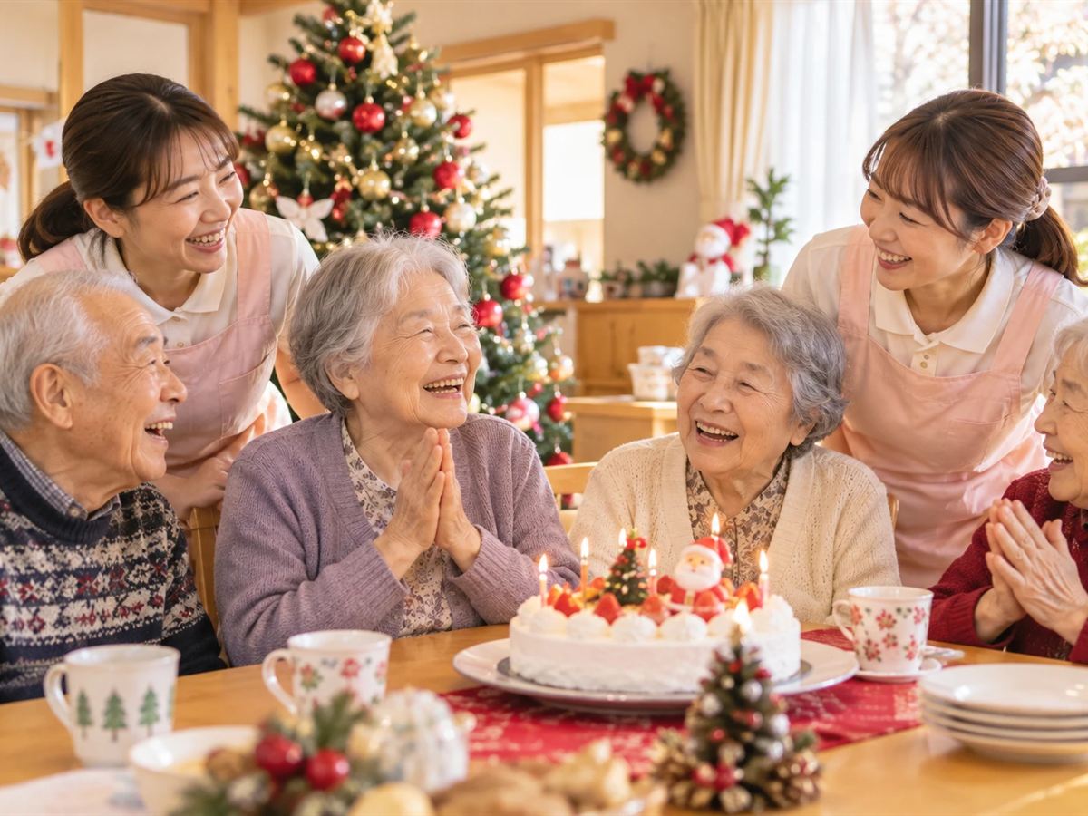 クリスマスツリーの前でケーキを囲む入居者さんとスタッフ