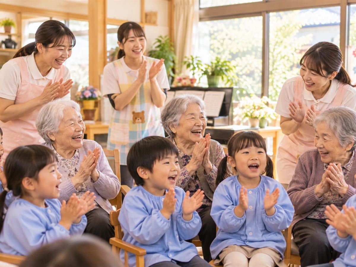 近くの保育園の子どもたちと、入居者さんが一緒に歌を歌っている様子